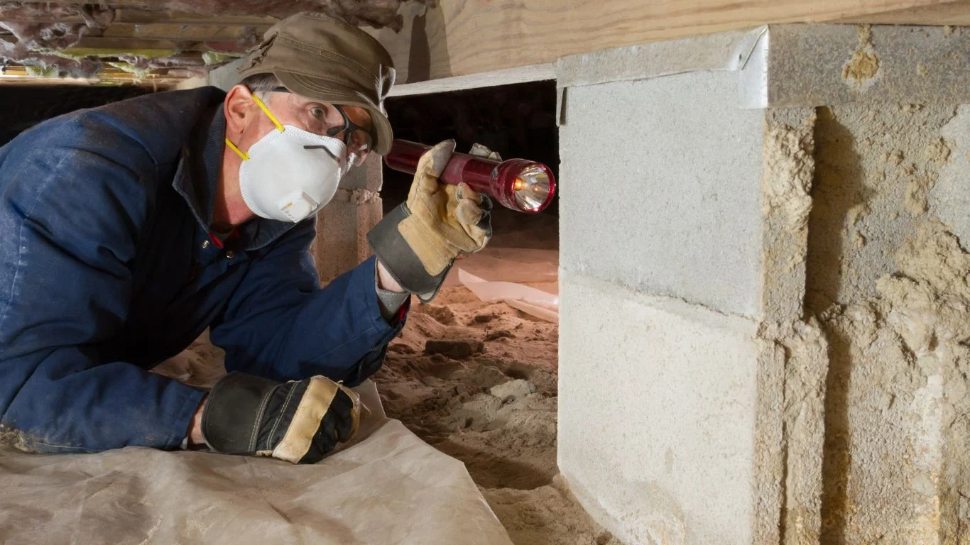 Professional pest control officer inspecting home foundation